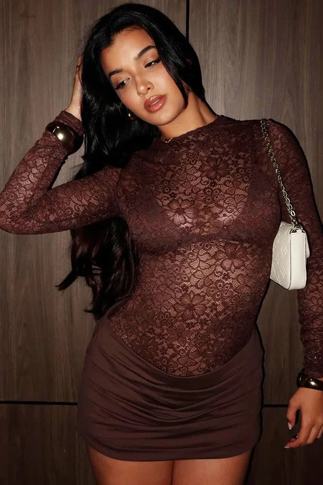 Lace See Through O Neck High Waist Long Sleeve Mini Dress