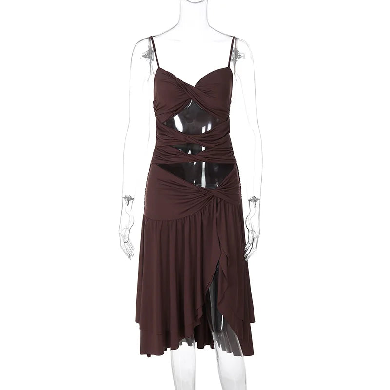 Hollow Out Slim Spaghetti Strap Midi Dress