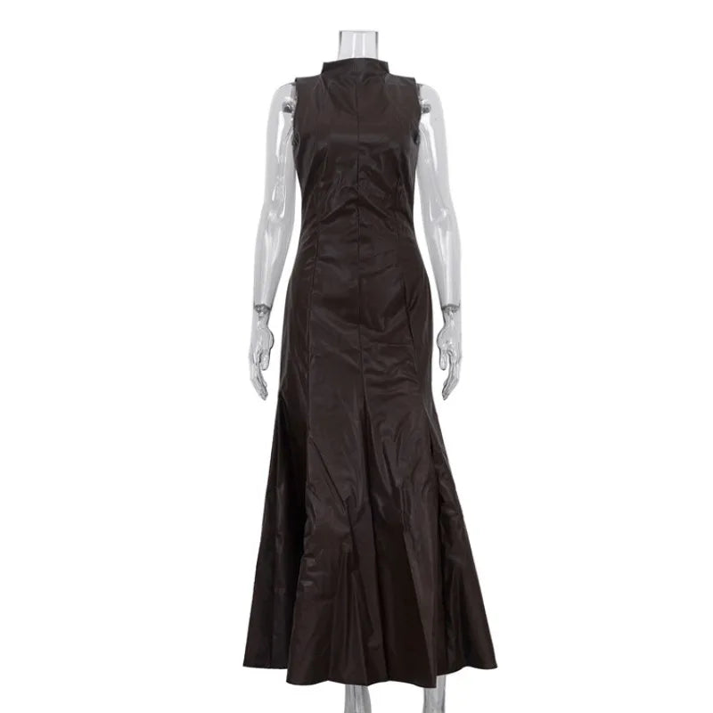PU Leather Patchwork High Waist Sleeveless Maxi Dress