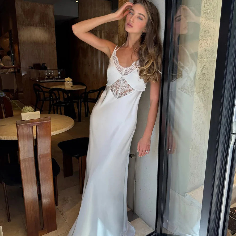 V-Neck Lace Hollow Out Backless Strapless Maxi Dress
