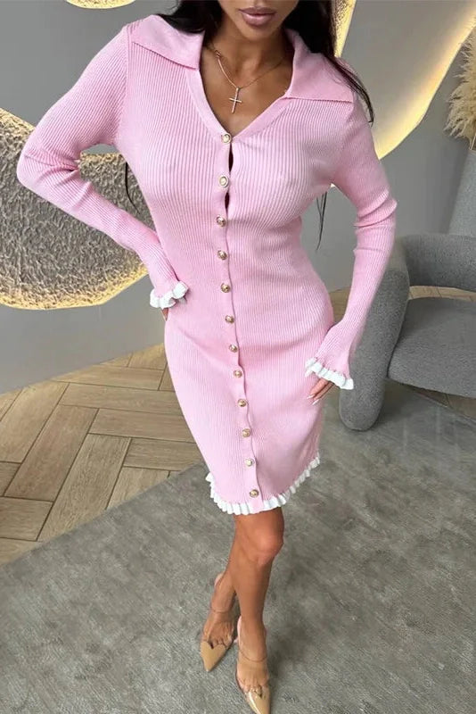 Elegant Knitted Long Sleeve Single-Breasted Bodycon Mini Dress