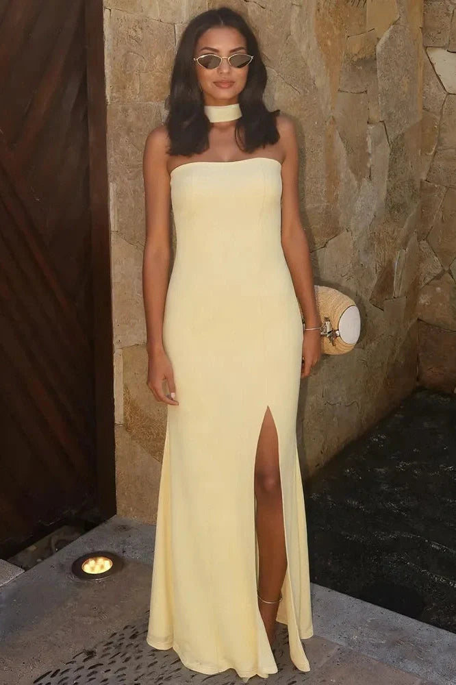 Scarf Collar Off-Shoulder Strapless Backless High Split Maxi Dress