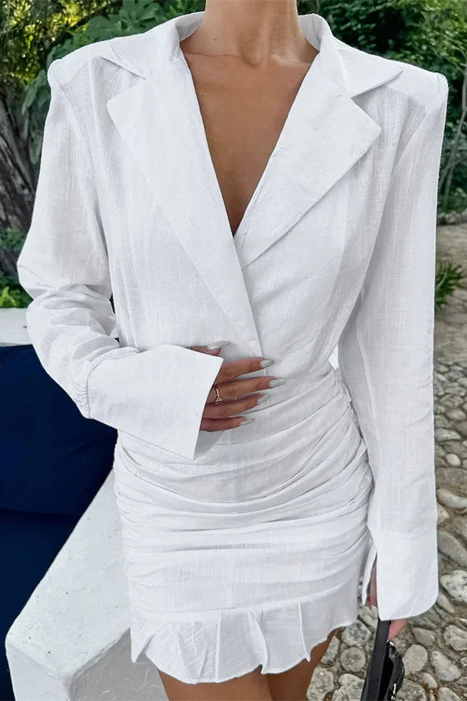 Patchwork V-Neck High Waist Pleated Mini Dress