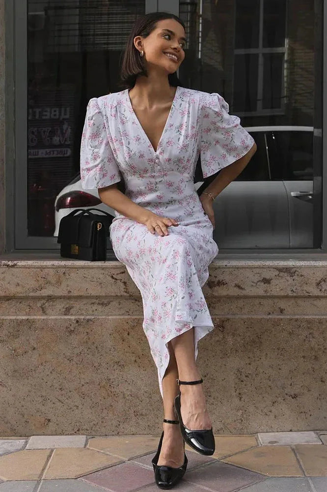 Printed V-Neck Short Sleeve Slim High Waist Maxi Dress