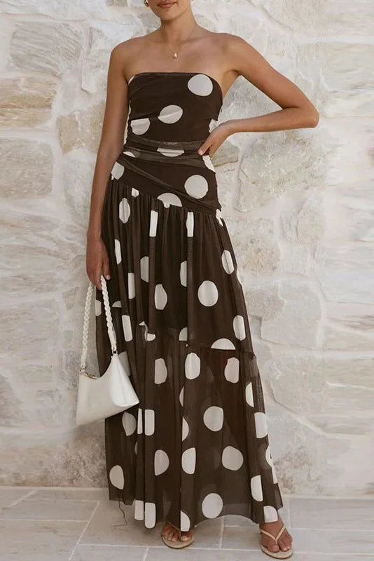 Sleeveless Pleated Printed Off-Shoulder Maxi Dress