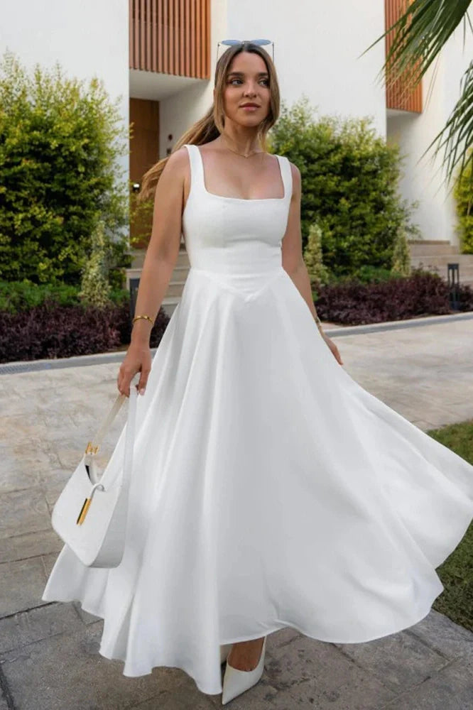 Sleeveless Square Collar High Waist A-Line Midi Dress