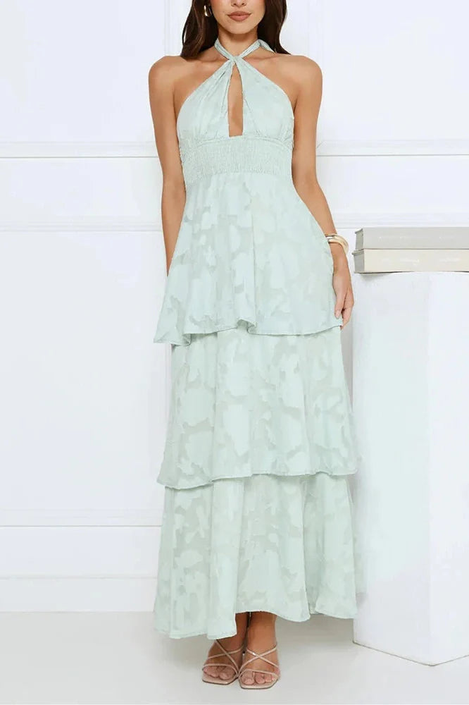 Elegant Hollow Out Backless Tie Up High Waist Maxi Dress