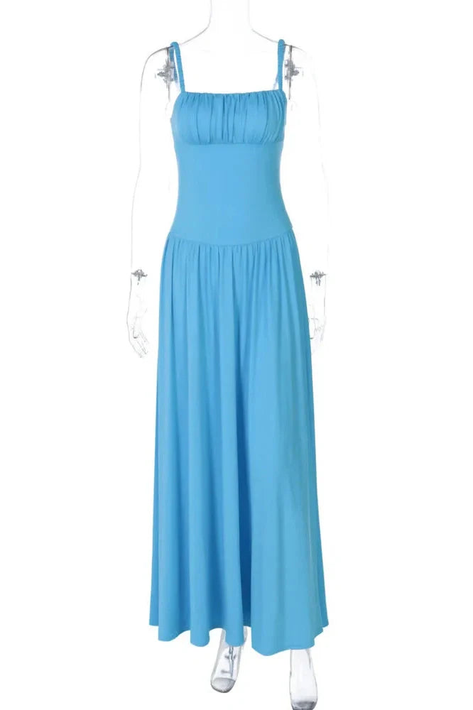 Spaghetti Strap Backless Sleeveless High Waist Pleated Maxi Dress