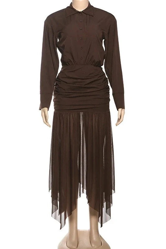 Long-Sleeved Pleated Slim High Waist Midi Dress
