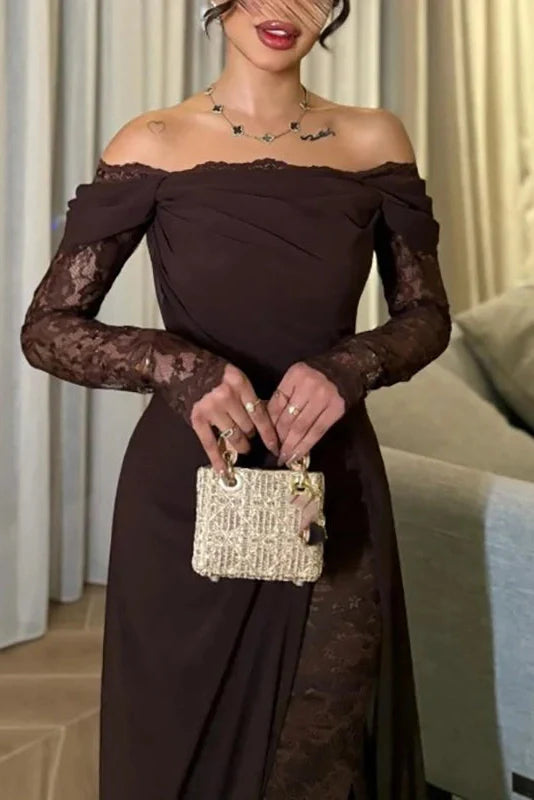 Elegant High Waist Split Pleated Off-Shoulder Lace Maxi Dress