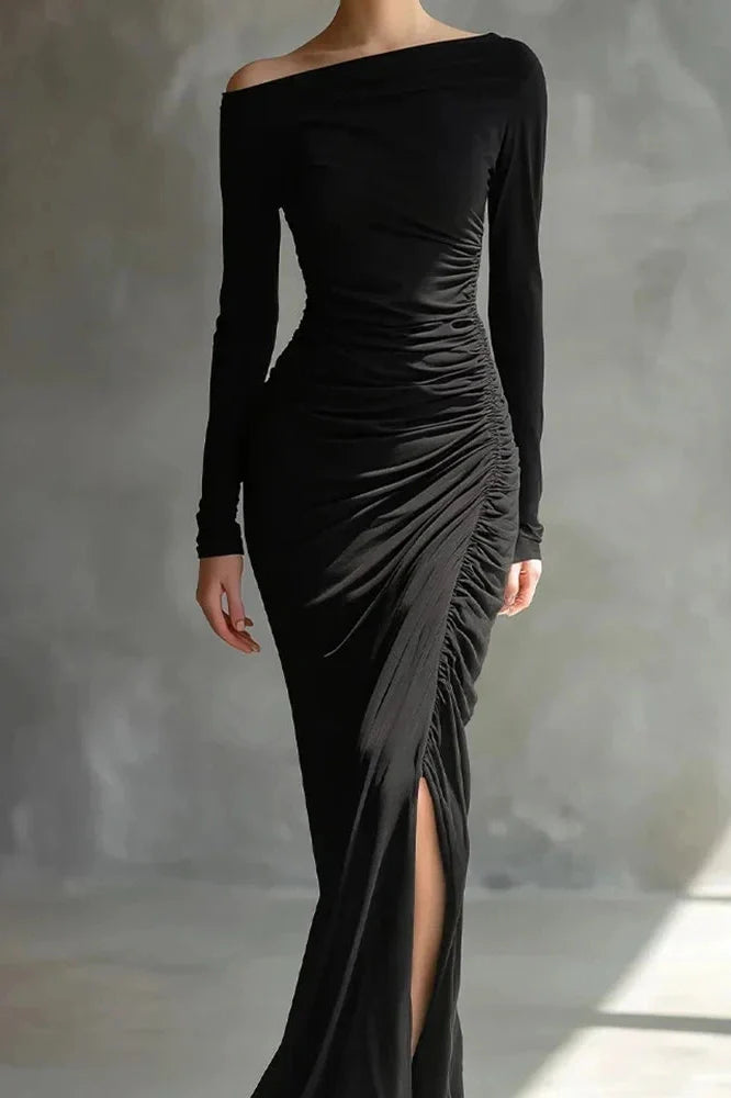 Elegant High Waist Split Long Sleeve Slash Collar Maxi Dress