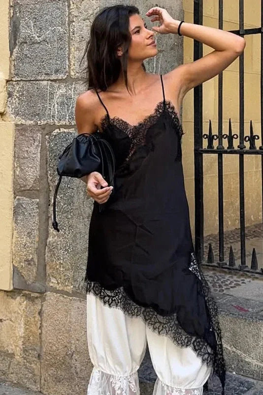 Lace Backless Slit Spaghetti Strap Slim High Waist Irregular Mini Dress