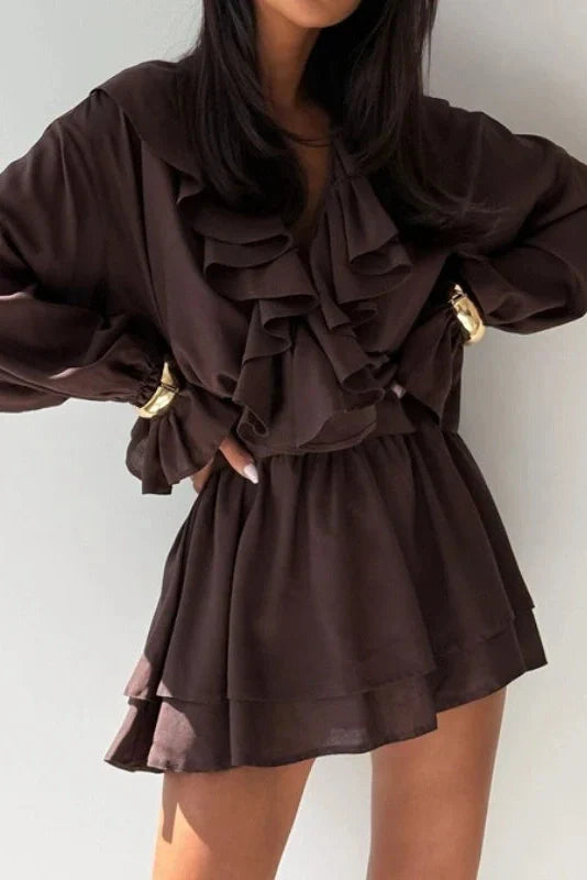 V-Neck Flared Sleeves High-Waisted A-Line Mini Dress