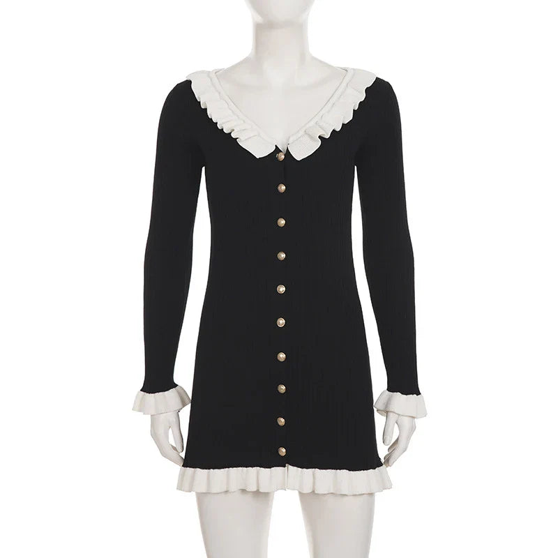 Knitted V Neck Long Sleeve Mini Dress