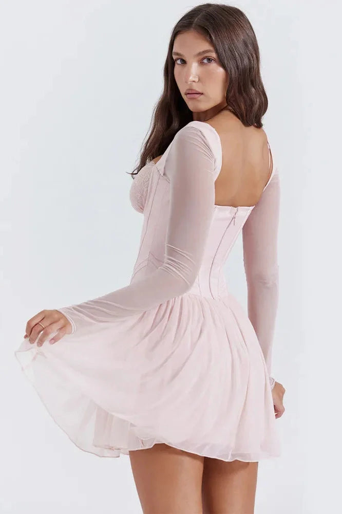 Backless Zipper Square Collar Long Sleeve Mini Dress