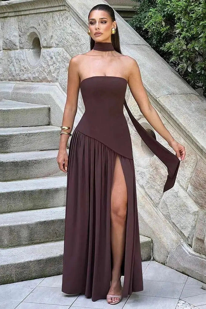 Strapless Off-Shoulder Patchwork Scarf Collar High Split Maxi Dress