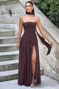 Strapless Off-Shoulder Patchwork Scarf Collar High Split Maxi Dress