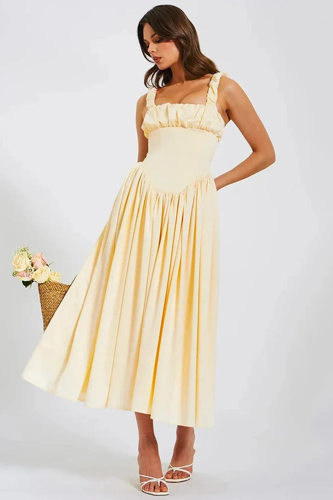 Elegant Square Collar Sleeveless Backless Midi Dress