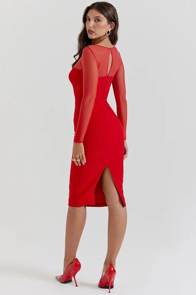 Elegant Long Sleeve Strapless Backless Split Bodycon Midi Dress 2026