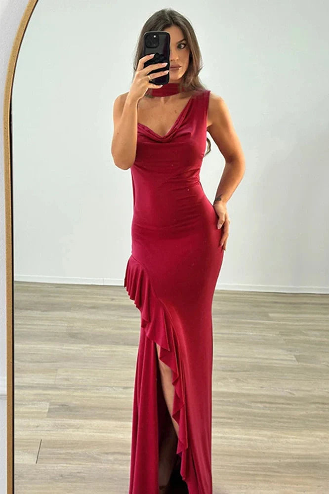 Elegant V Neck Slim High Slit Sleeveless Maxi Dress
