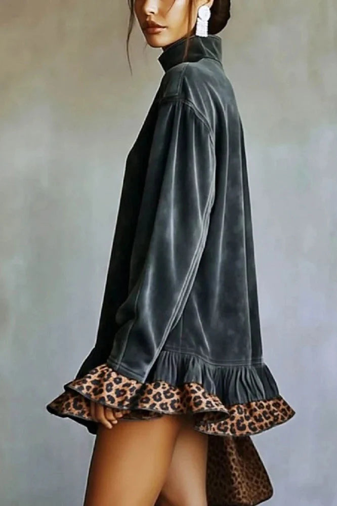 Leopard Printed High Collar Long Sleeve Loose Mini Dress
