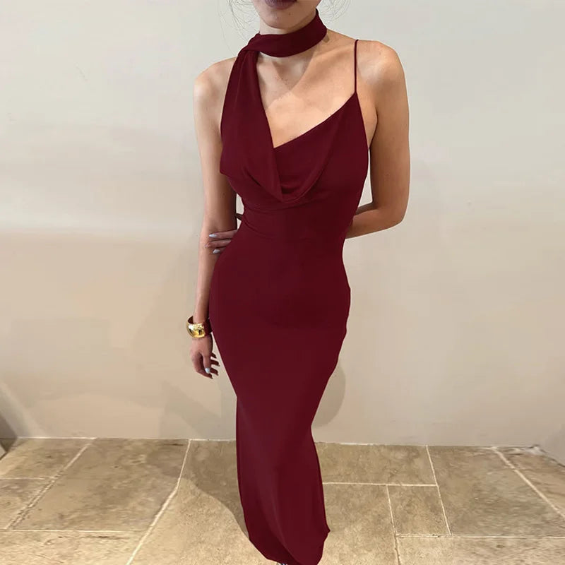 V Neck Backless Scarf Ribbon Patchwork Sleeveless Maxi Dress