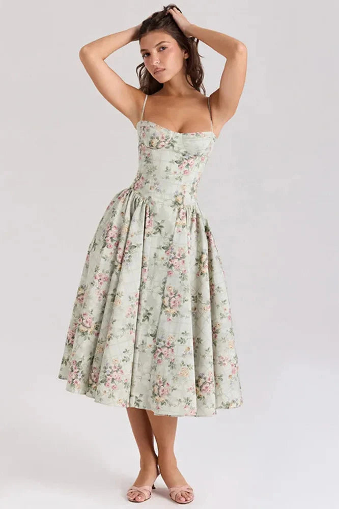 Spaghetti Strap Printed Sleeveless A-Line High Waist Pleated Midi Dress