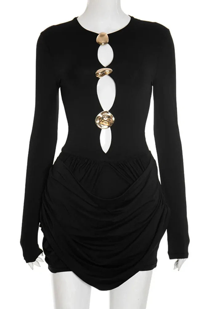 Hollow Out Long Sleeve O Neck High Waist Mini Dress