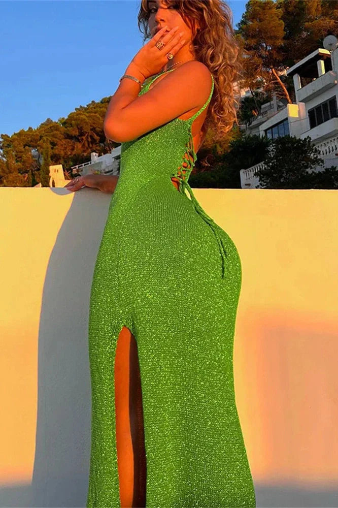 Backless Split Lace-Up Maxi Dress