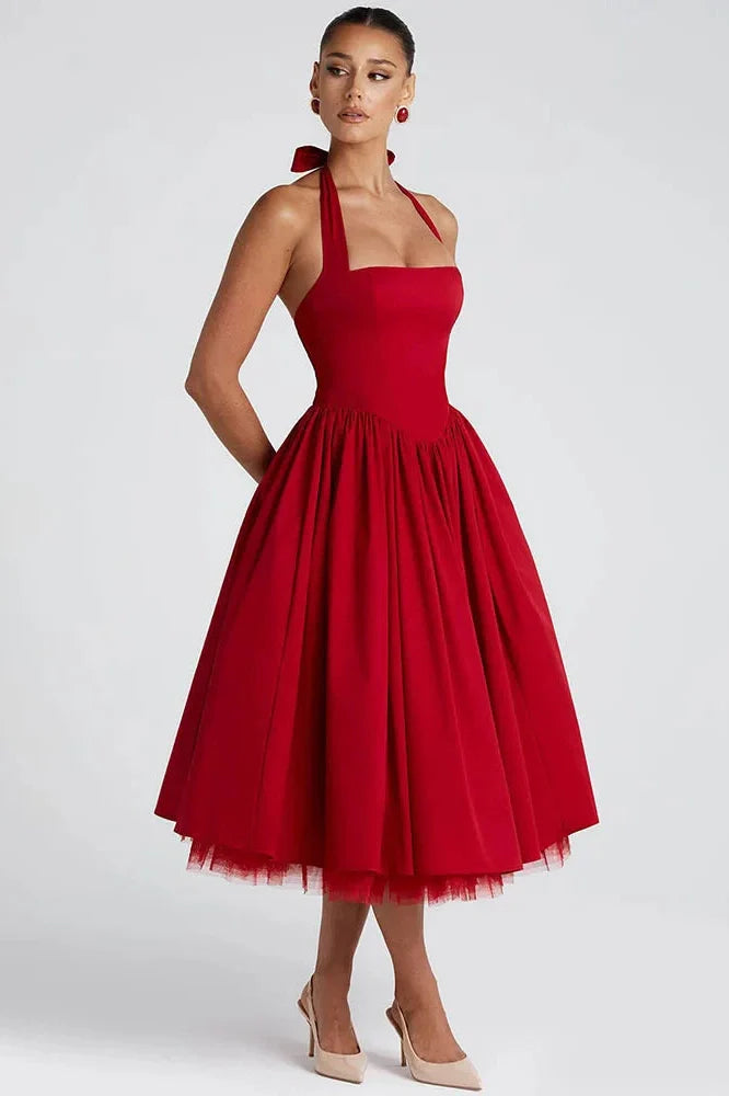 Backless Square Collar Sleeveless High Waist A-Line Midi Dress