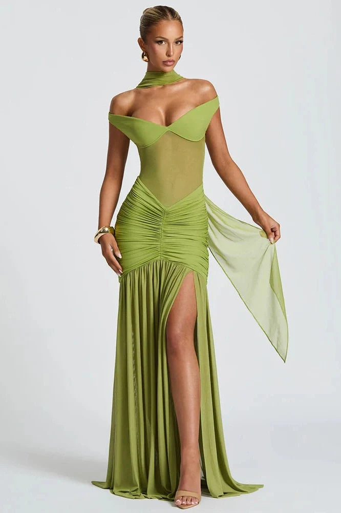 Off-Shoulder Backless Sleeveless High Split Maxi Dress