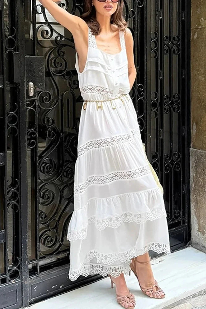 Hollow Out High Waist Lace Sleeveless Pleated Maxi Dress