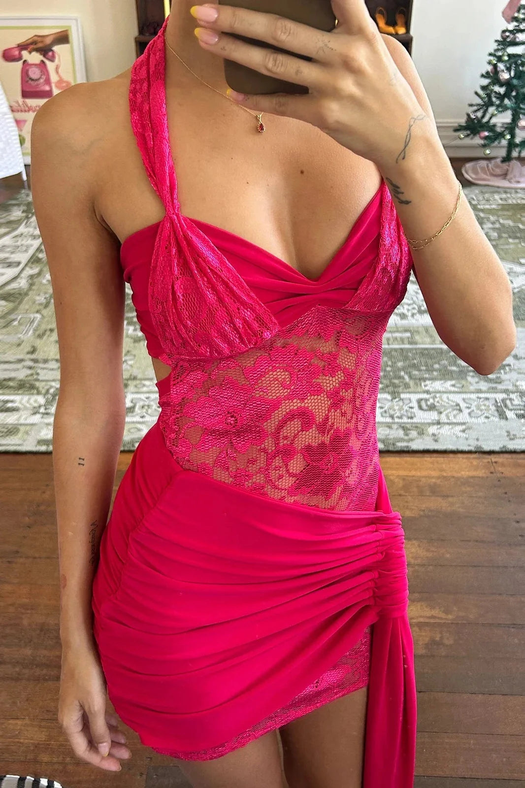 Patchwork Lace Slim Sleeveless Tie-Up Bodycon Mini Dress