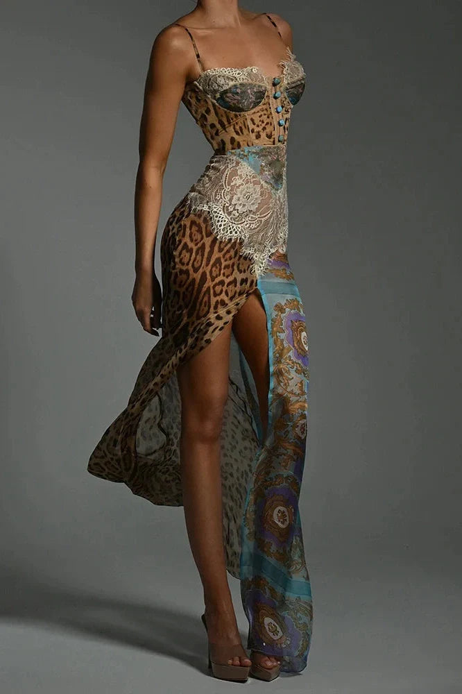 Printed Lace Split Patchwork Sleeveless Backless Maxi Dress