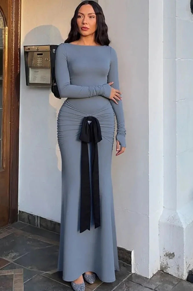 Long Sleeve Patchwork O Neck Bodycon Maxi Dress