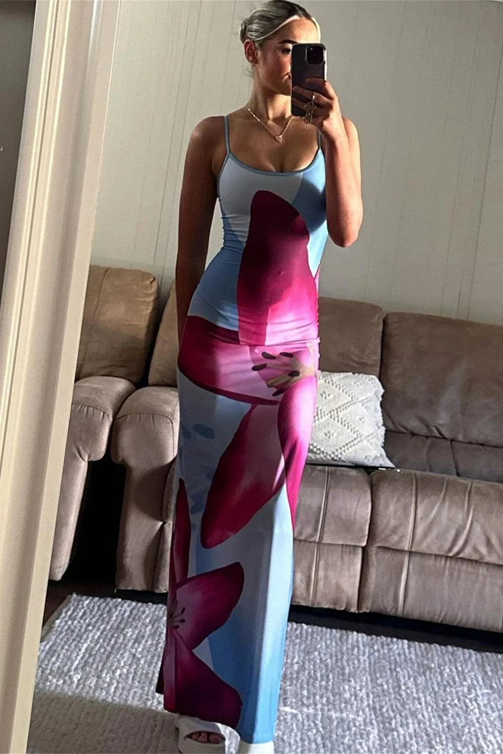 Spaghetti Strap Printed Backless Bodycon Maxi Dress