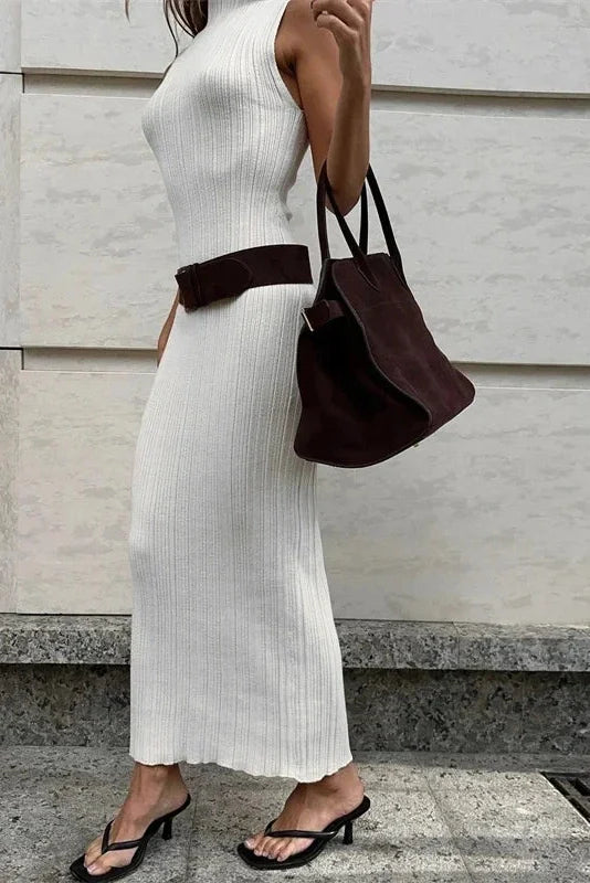 Elegant Knitted Turtleneck Sleeveless Bodycon High Waist Maxi Dress