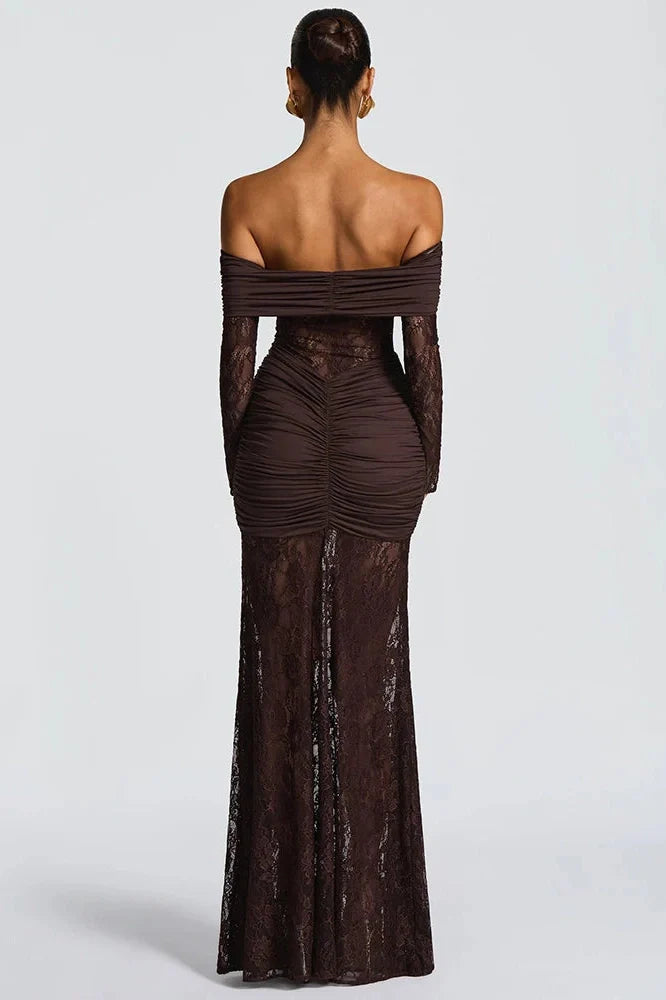 Off-Shoulder Long Sleeve Lace See Through Strapless Bodycon Maxi Dress