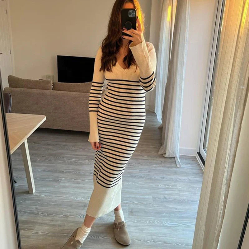 Striped Knitted V-Neck Long Sleeve Midi Dress