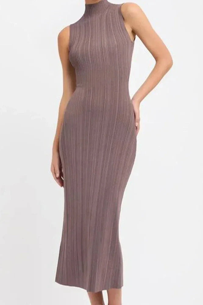 Elegant Knitted Turtleneck Sleeveless Bodycon High Waist Maxi Dress