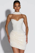 Scarf Collar Off-Shoulder Backless Sleeveless Mini Dress