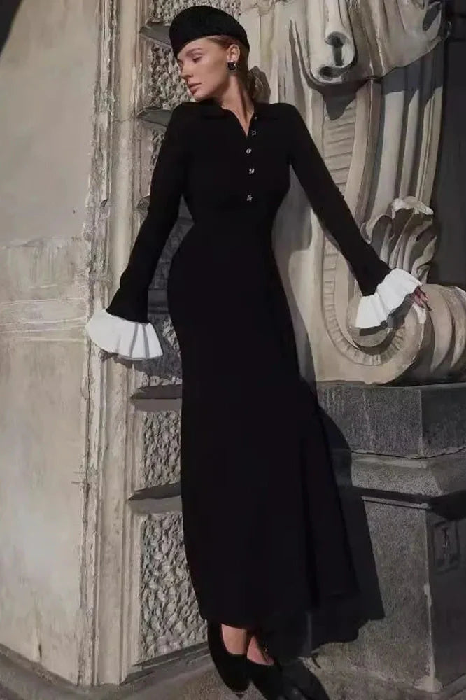 Elegant Flare Sleeve Knitted High Waist Button Maxi Dress