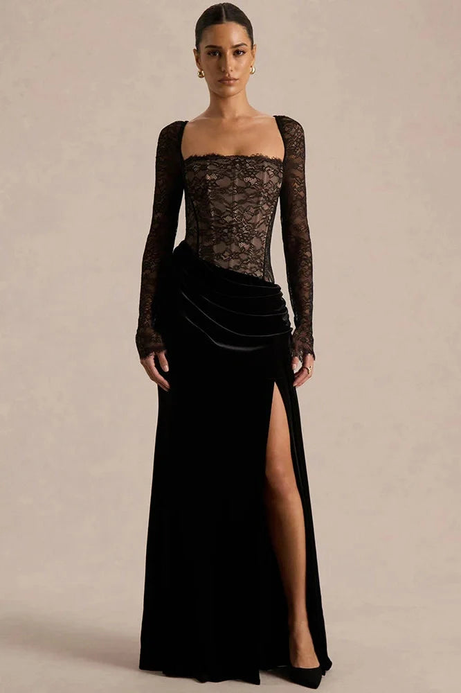 Lace Velvet Square-Neck See Through Long Sleeve Split Maxi Dress