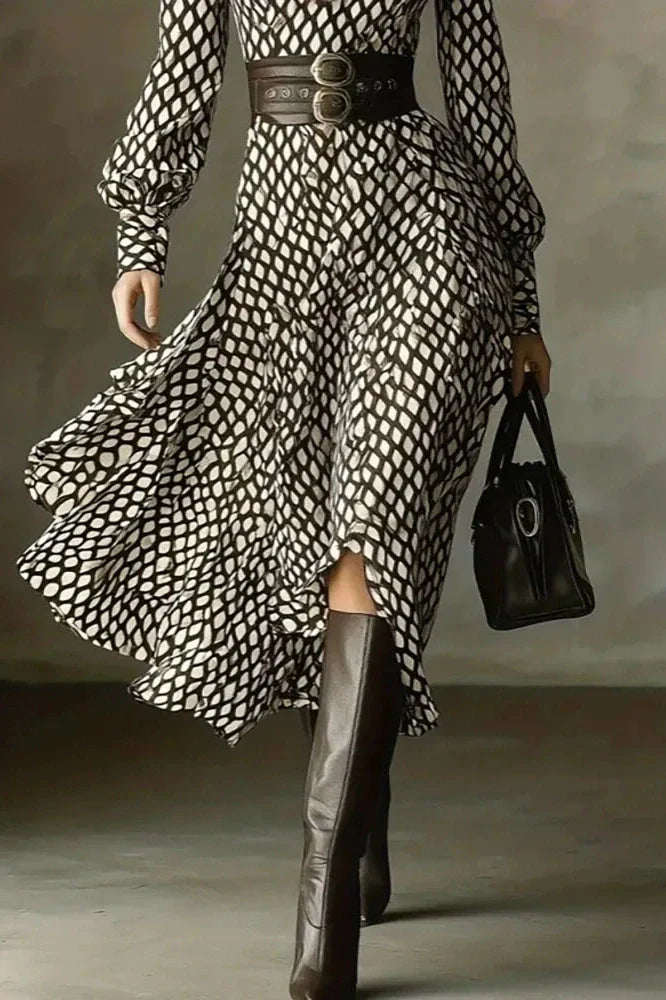 Elegant Pleated High Waist Printed Long Sleeve Midi Dress