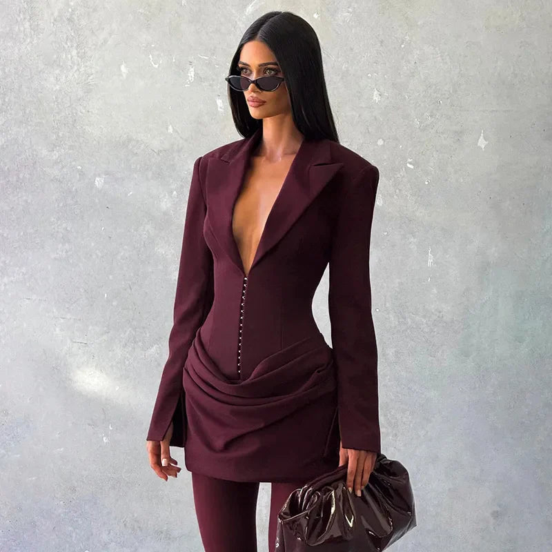 Deep V Neck Long Sleeve High Waist Mini Dress