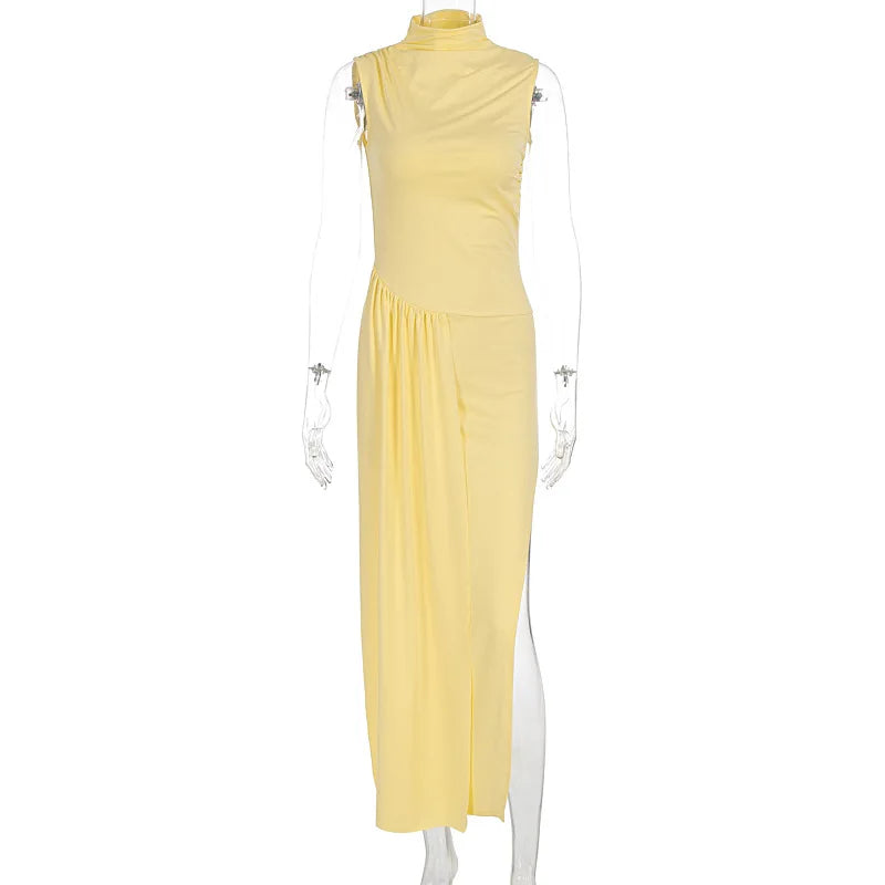 Pleated Sleeveless High Slit Maxi Dress