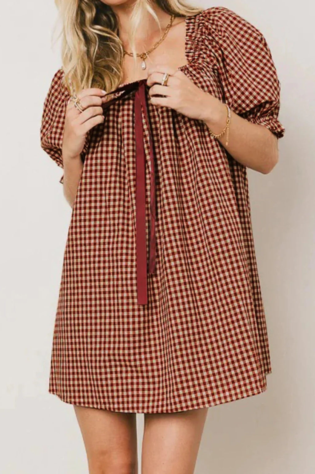 Plaid Loose Square Neck Puff Sleeve Mini Dress
