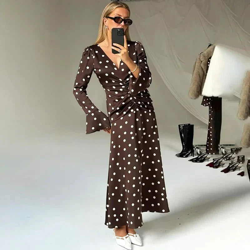 Elegant V-Neck Polka Dot Patchwork Maxi Dress