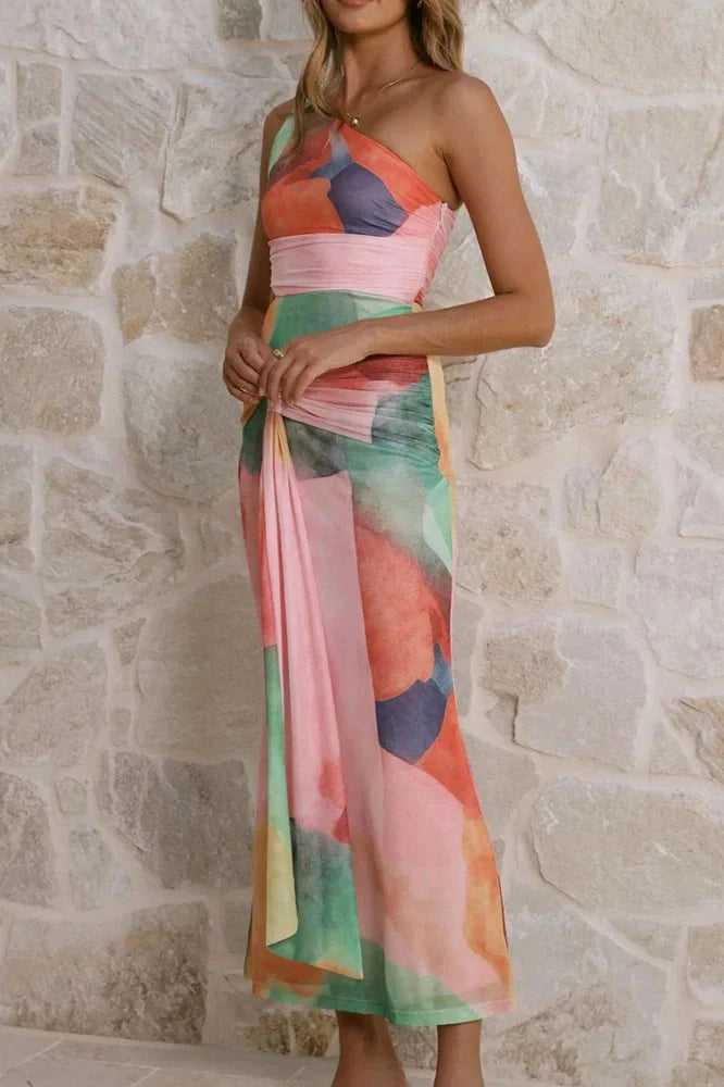 Hollow Out Sleeveless Slim High Waist Printed Maxi Dress