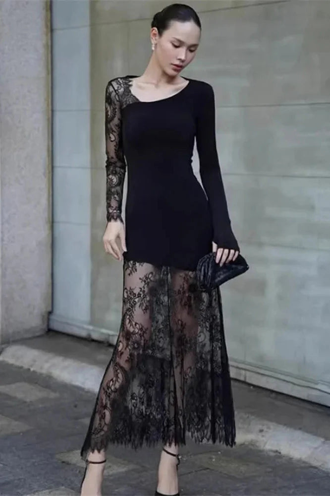 Lace Printed See-Through Long Sleeve Maxi Dress